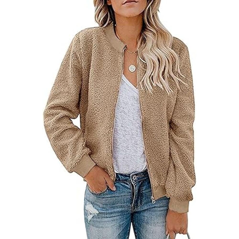 Mirol Brown Tan Thick Plush Faux Fur Sherpa Zip-Up Jacket Women's Size XL